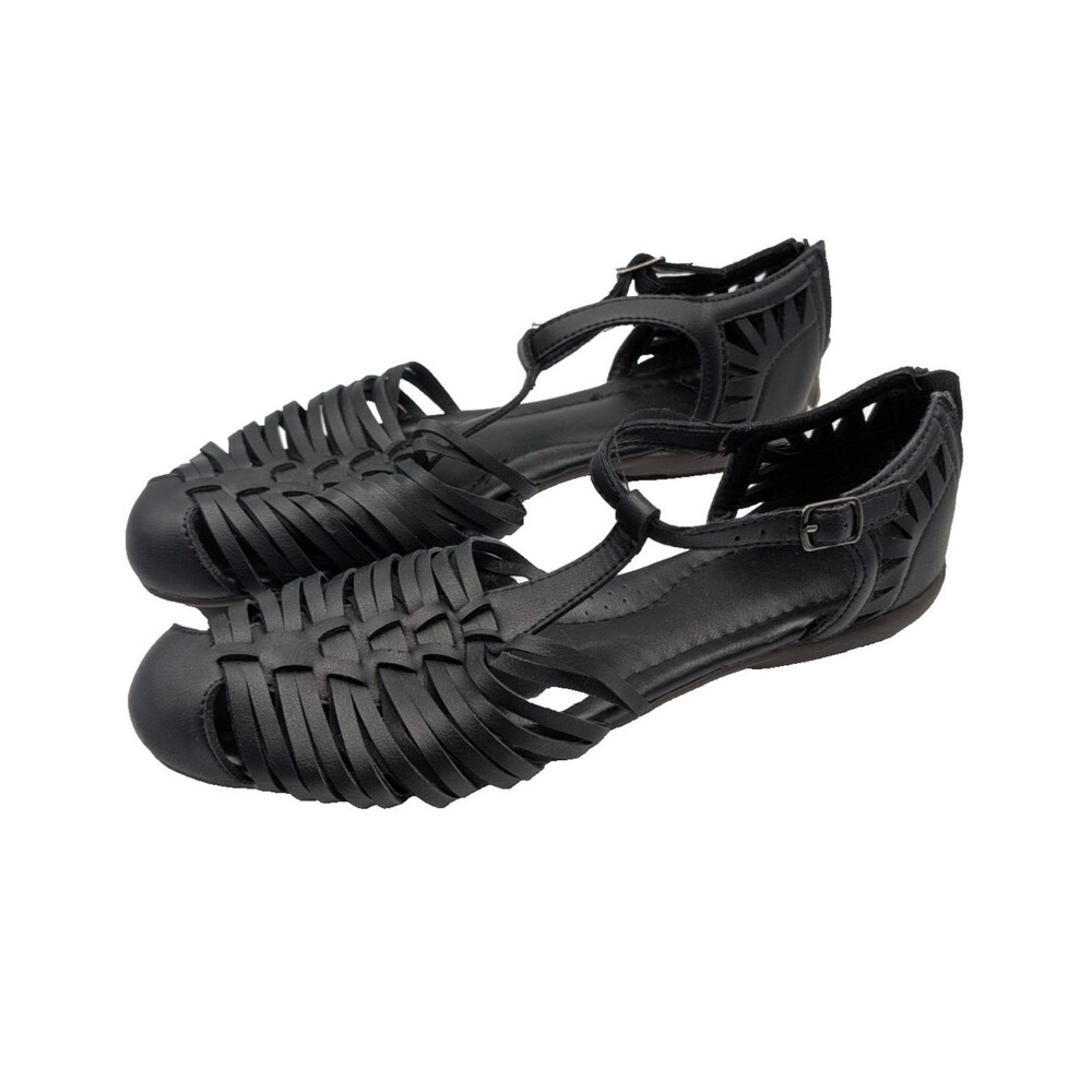 Black Leather Look Strappy Fisherman Sandals Ankle Strap Women Size EU 39 US 8